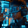 © Hasanul - African American female IT specialist analyzing futuristic holographic data in a modern control room with augmented reality glasses.