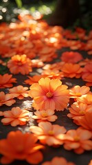 Wall Mural - Pathway covered with vibrant orange flowers, beautifully lit by sunlight, creating a warm, cheerful atmosphere