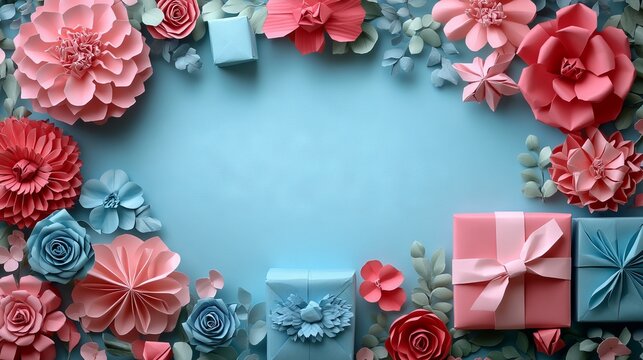 Image features neatly arranged pink and blue flowers, leaves, and gift boxes with bows on a light blue background