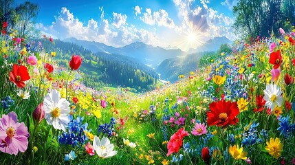 Poster -   A stunning image of a meadow dotted with vibrant flowers against the backdrop of majestic mountains and billowing clouds