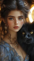 Wall Mural - Woman with striking blue eyes, adorned in ornate jewelry and a blue dress, poses with a black cat