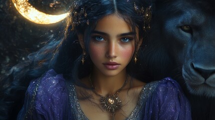 Wall Mural - Young woman with dark hair and piercing eyes, adorned in mystical attire, stands beside a majestic lion under a crescent moon