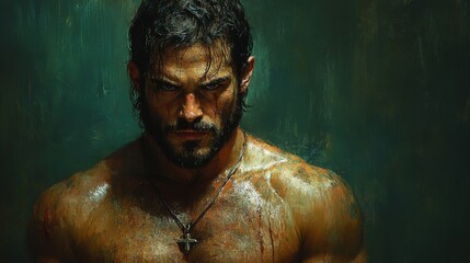 Wall Mural - Muscular, intense-looking man with wet hair stares forward, wearing a cross necklace and standing against a dark, moody background