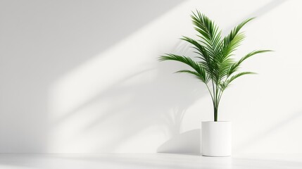 Poster - A single palm plant stands in a white pot against a clean white wall. The plant is in focus with soft light and shadows casting a beautiful pattern on the wall. This image embodies simplicity, nature,