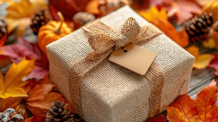 Poster -   Autumnal gift wrapped in burlap with a tag & surrounded by leaves & pine cones