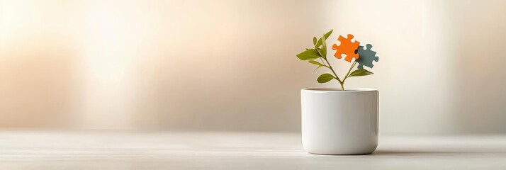 Wall Mural - A small plant in a white pot with colorful puzzle pieces as leaves, symbolizing growth, connection, and collaboration, set against a soft, blurred background.