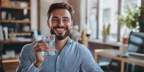 A man is smiling and holding a glass of water. Concept of happiness and contentment, as the man is enjoying his drink. The glass of water serves as a symbol of refreshment and hydration