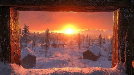 Sticker -   A winter wonderland outlook of a rustic cabin amidst a picturesque snowscape, framed by the descending rays of the sunset