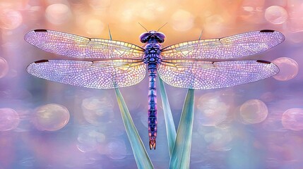   A painting of a dragonfly perched atop a green plant, with water droplets adorning its wings