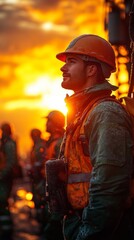 Wall Mural - Worker wearing safety gear stands in profile against a vibrant sunset, with other silhouetted figures visible in the background