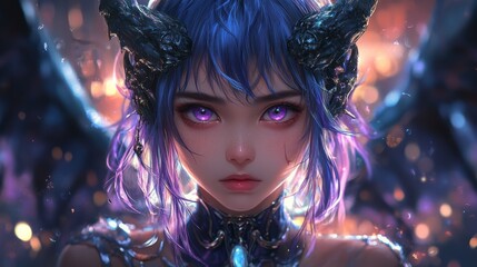 This image features an ethereal character with vibrant purple eyes, dark horns, blue hair, and a glowing, mystical background