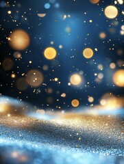 Poster - A stunning abstract background featuring a shimmering blue and gold glitter texture with out-of-focus golden bokeh lights scattered across a dark blue backdrop.  The image evokes feelings of elegance,