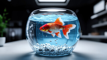 Bright orange goldfish swimming in a glass bowl filled with clear water, placed on a sleek table, in a modern setting.