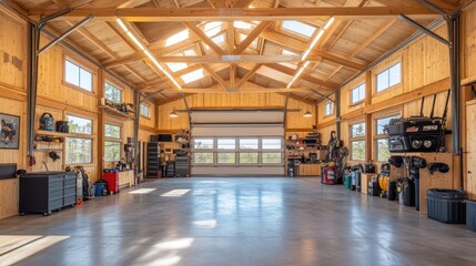 Wall Mural - Spacious, empty, wood-paneled garage with a concrete floor and overhead door open, revealing a view of trees beyond.