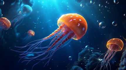 Canvas Print - A stunning underwater scene featuring vibrant orange and white jellyfish with long trailing tentacles, illuminated by a beam of sunlight, evoking concepts of beauty, mystery, life, fragility, and the 