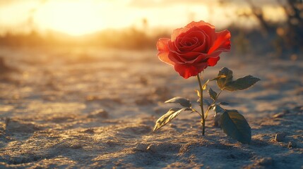 Sticker - Single red rose stands beautifully in sandy soil, illuminated by the warm, golden light of the setting sun