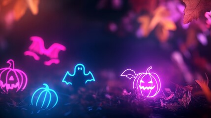 Wall Mural - A vibrant and spooky Halloween scene with glowing neon pumpkins and a ghost silhouetted against a backdrop of falling autumn leaves. The vibrant colors and festive atmosphere evoke a sense of exciteme