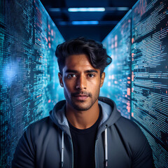 A programmer surrounded by a collection of programming codes and information