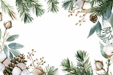 Wall Mural - Watercolor christmas frame with fir branches, pine cone, cotton, leaves isolated on white background. Botanical winter greenery holiday illustration for wedding invitation card design 