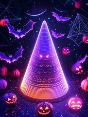 Canvas Print - A vibrant neon cone with a glowing outline, surrounded by pumpkins, bats, and a web in a dark, mystical setting. This image symbolizes spooky festivities, a futuristic Halloween celebration, and the i