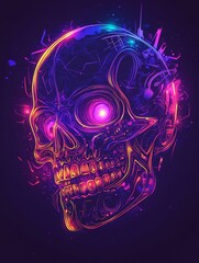 Wall Mural - A vibrant neon skull with glowing outlines, perfect for Halloween decorations, posters, or digital art. The skull is depicted in a colorful, futuristic style with a focus on its teeth and eye sockets.