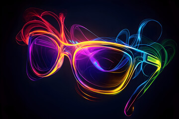 Rainbow colored neon sunglasses outline isotated on black background.