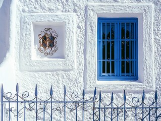 Poster -   A white building with blue windows, a wrought iron fence, and a clock on the side