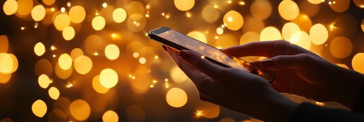 Wall Mural - A woman's hands are holding a smartphone with a blurred background of golden lights, symbolizing technology, connection, celebration, warmth, and hope.