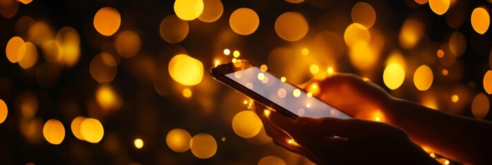 Poster - A woman's hands hold a smartphone against a bokeh background of warm, golden lights, symbolizing connection, technology, hope, warmth, and celebration.