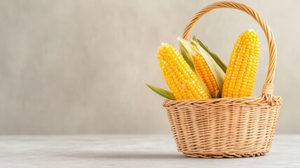 Poster - A wicker basket filled with two ears of fresh corn on the cob, symbolizing abundance, harvest, summer, and the beauty of nature.