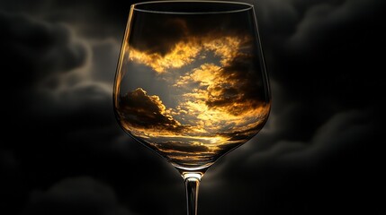 Poster -  A black surface with a cloudy sky and a glass filled with liquid sitting on top