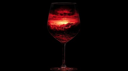 Sticker -   Wine glass with red sky, clouds, and black background