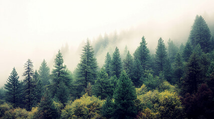 Forest landscape at dawn with mist rising above the trees