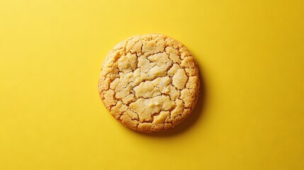   A yellow-backgrounded cookie has a bitten crust and a missing piece