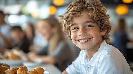 Smiling young boy at cafe or school canteen with fresh pastries