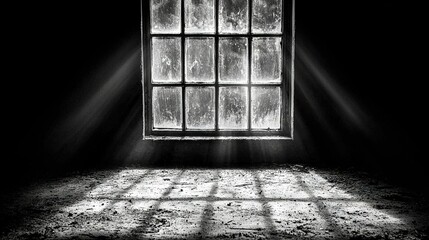 Poster -   A monochromatic picture captures a window in a dimly lit space with sunlight streaming through it, casting light inside