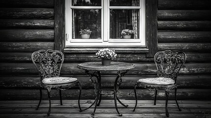 Sticker -   The image shows two chairs and a table in front of a window with a potted plant