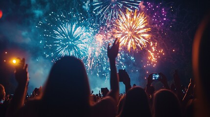 Fireworks in the night sky with a crowd of people celebrating