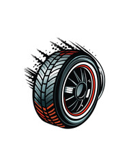 Wall Mural - A close-up illustration of a racecar tire with tread marks, the tire is in motion with a blur effect.