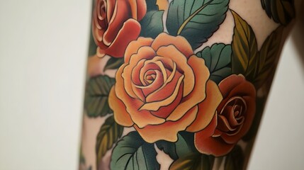 Wall Mural - Close-up of a vibrant floral tattoo featuring roses and leaves, emphasizing the realistic textures on the skin against a light solid color background