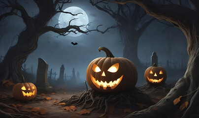 Spooky Halloween scene: foggy forest, glowing lantern, tombstones, eerie moonlight.