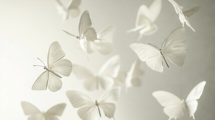 Sticker -   A white wall serves as the background while a group of white butterflies soar through the sky, and another white wall is positioned in the foreground