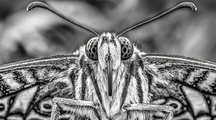 Poster -   A photo of a clear butterfly's head and wings with a blurry background