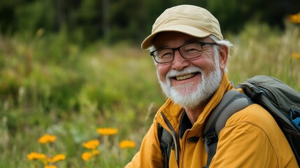 Canvas Print - A man with a beard and glasses sitting in the grass, AI