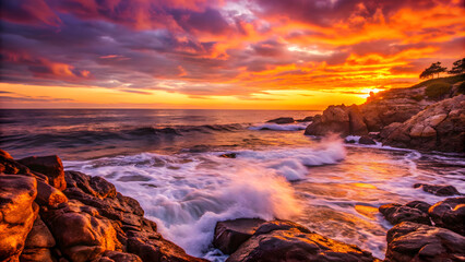 Wall Mural - A rocky coastline at sunset, with waves crashing against the cliffs. The sky is ablaze with oranges and purples, and the sea reflects the colors, creating a dramatic and powerful scene