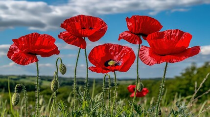 Sticker -   A field full of red flowers surrounded by blue sky with cloud-covered background and a bee buzzing around the center of a red flower