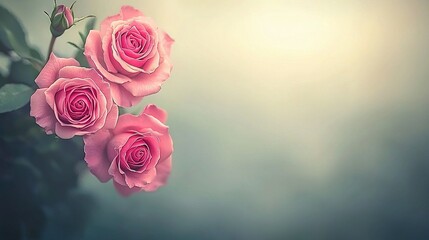 Sticker -   Three pink roses stacked atop each other against a green and blue backdrop, with a hazy sky in the background