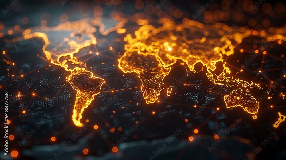 Glowing digital world map in orange, representing global connections ...