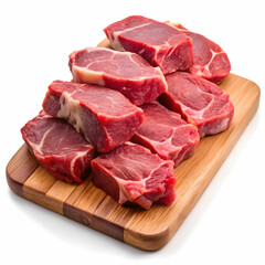 pieces of raw sirloin meat on a chopping board isolated