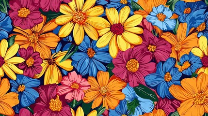 Canvas Print -   A painting of vibrant flowers in various shades of red, yellow, blue, and orange